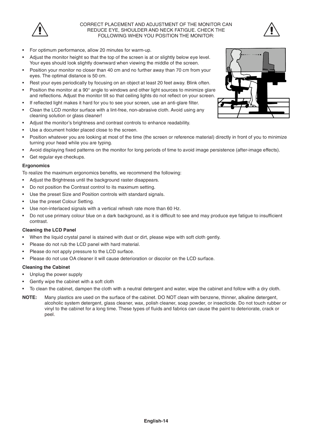 NEC 2690 user manual Ergonomics, Cleaning the LCD Panel, Cleaning the Cabinet, English-14 