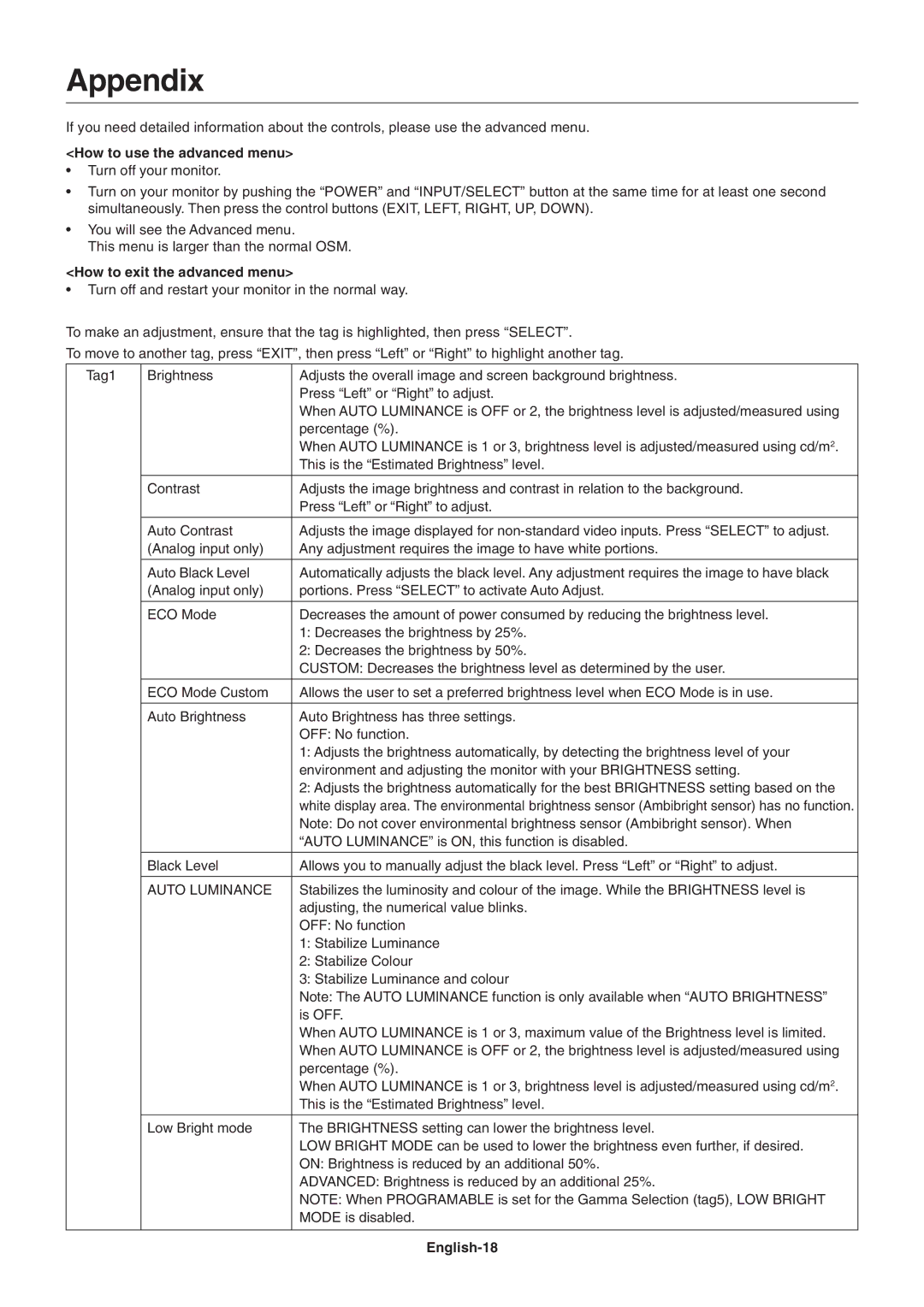 NEC 2690 user manual Appendix, How to use the advanced menu, How to exit the advanced menu, Auto Luminance, English-18 