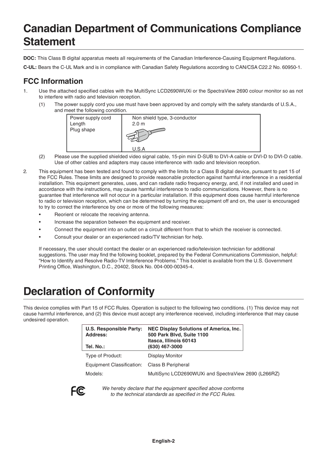 NEC 2690 Canadian Department of Communications Compliance Statement, Declaration of Conformity, FCC Information, English-2 