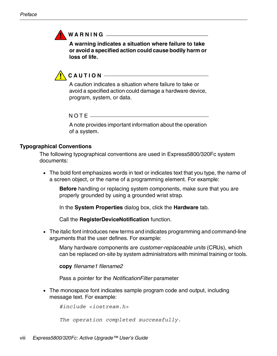 NEC 320Fc manual R N I N G U T I O N, Typographical Conventions, Call the RegisterDeviceNotification function 