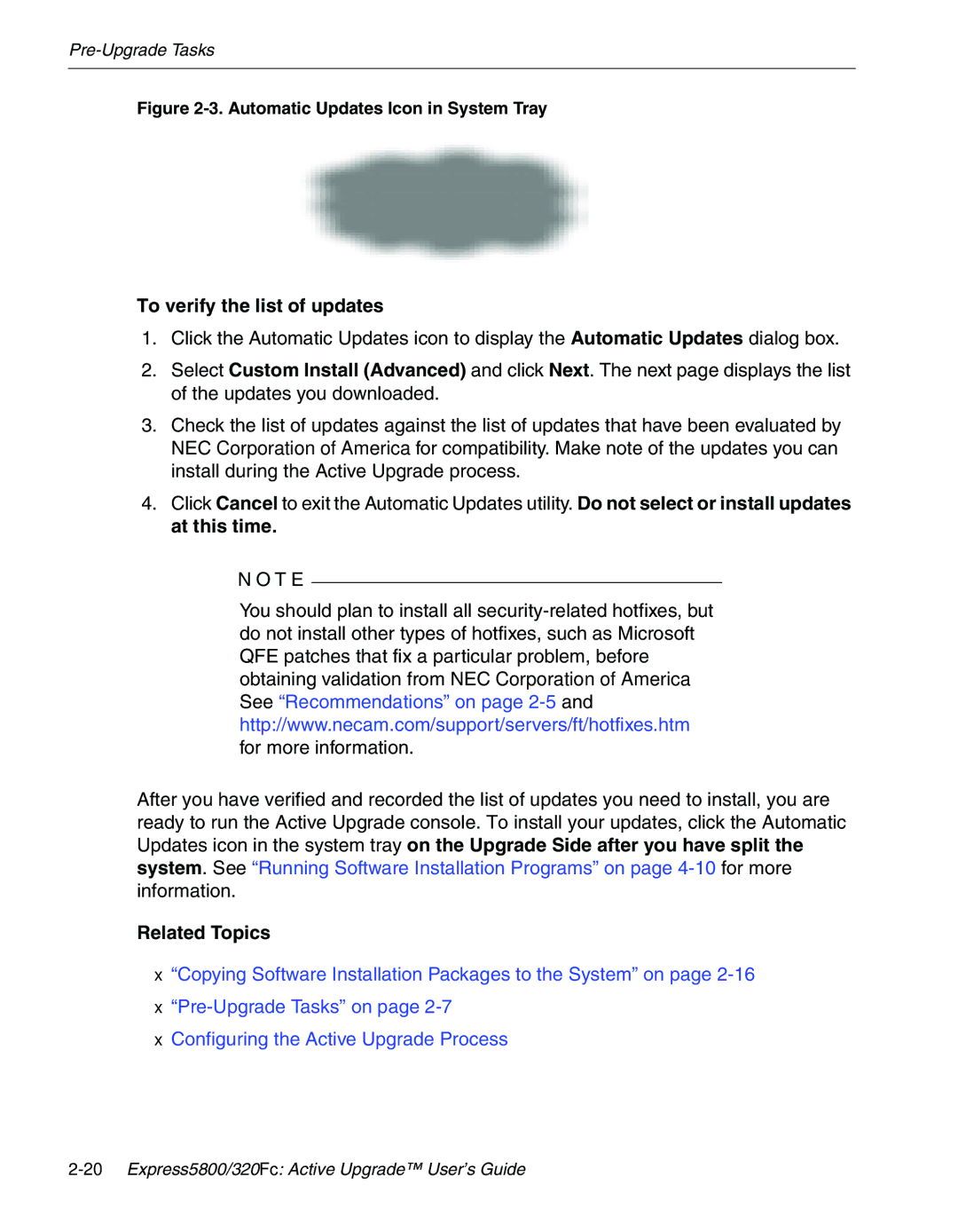 NEC 320Fc manual To verify the list of updates, Automatic Updates Icon in System Tray 