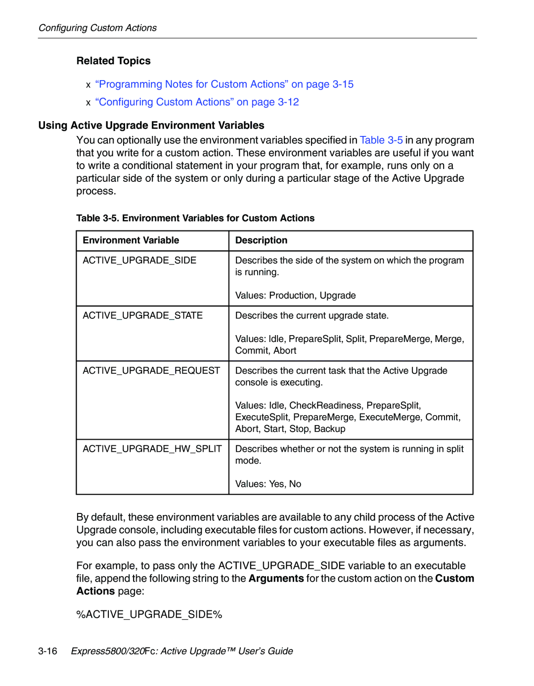 NEC 320Fc manual Using Active Upgrade Environment Variables, Environment Variables for Custom Actions Description 