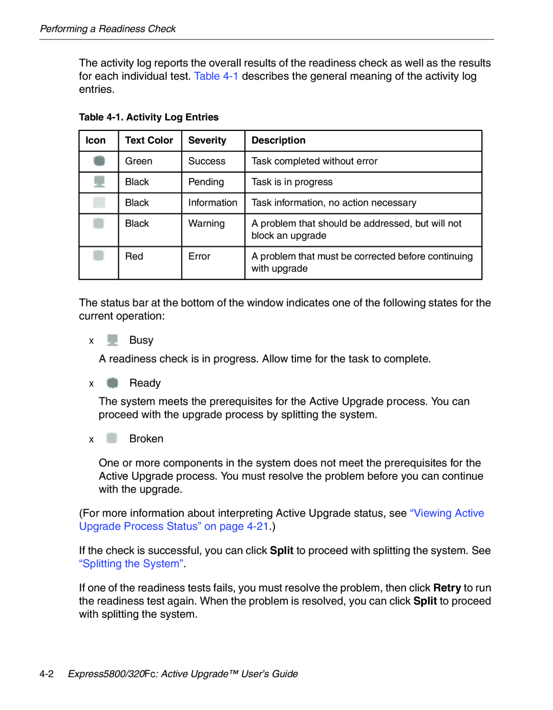 NEC 320Fc manual Activity Log Entries Icon Text Color Severity Description 