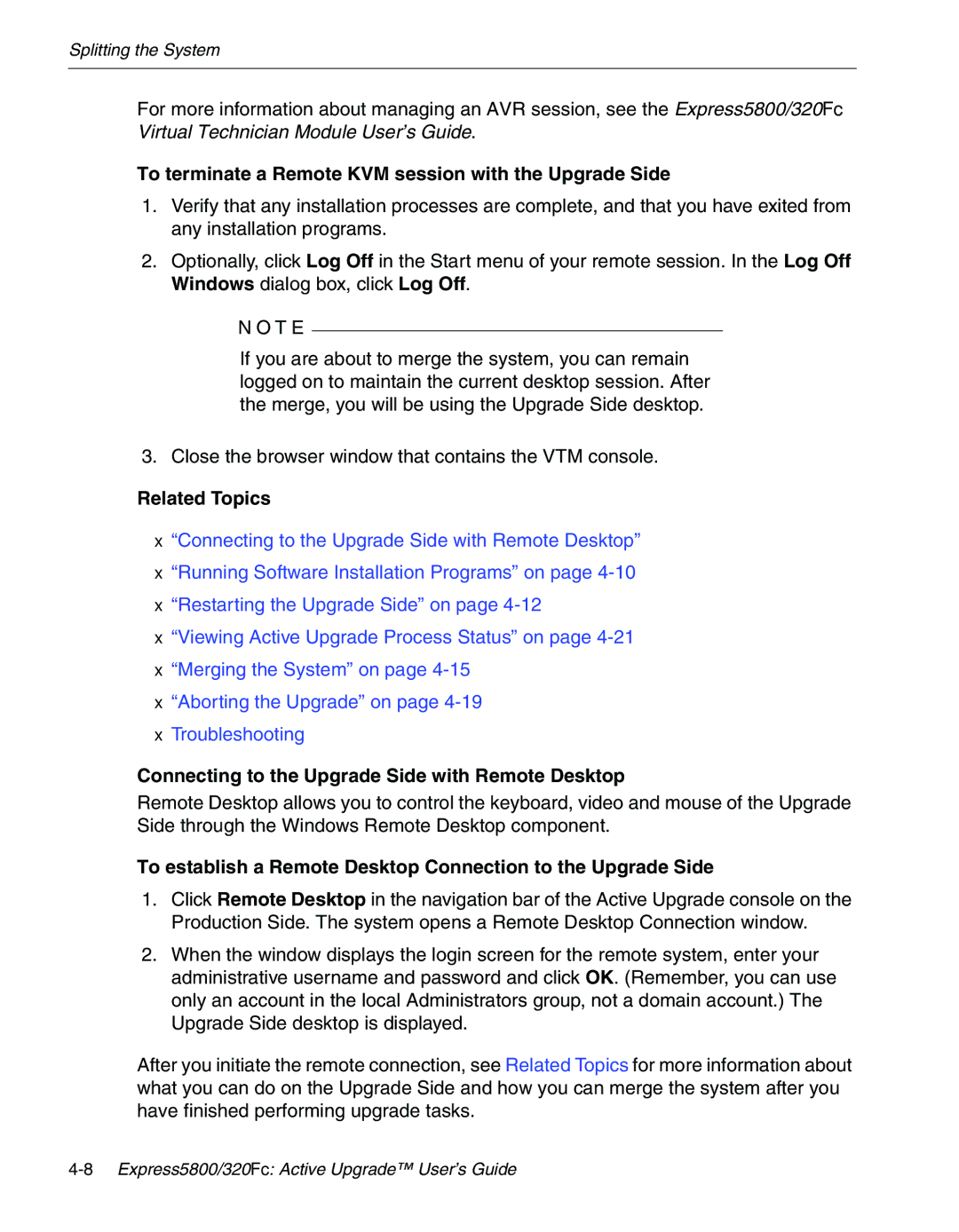 NEC 320Fc To terminate a Remote KVM session with the Upgrade Side, Connecting to the Upgrade Side with Remote Desktop 