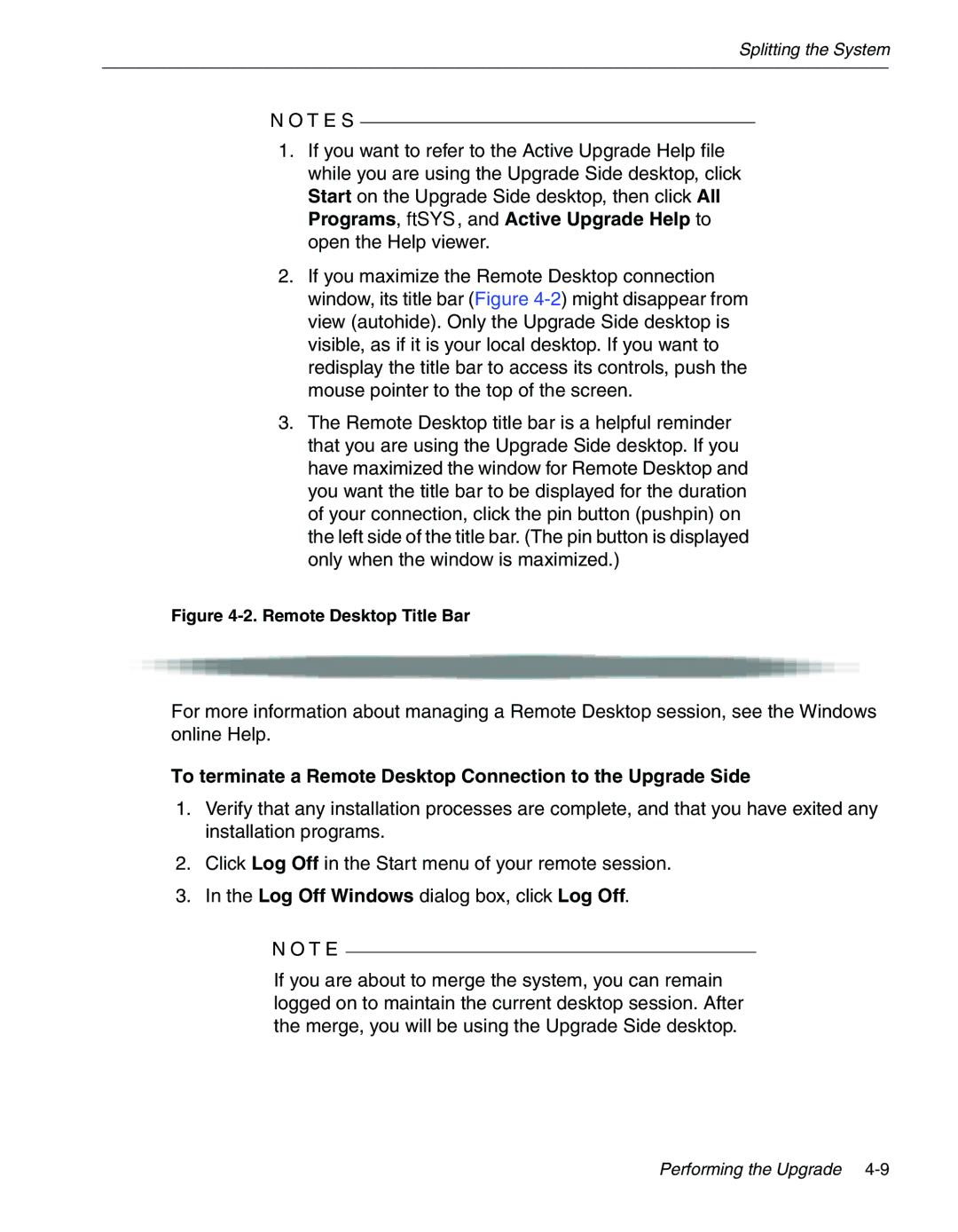 NEC 320Fc manual To terminate a Remote Desktop Connection to the Upgrade Side 