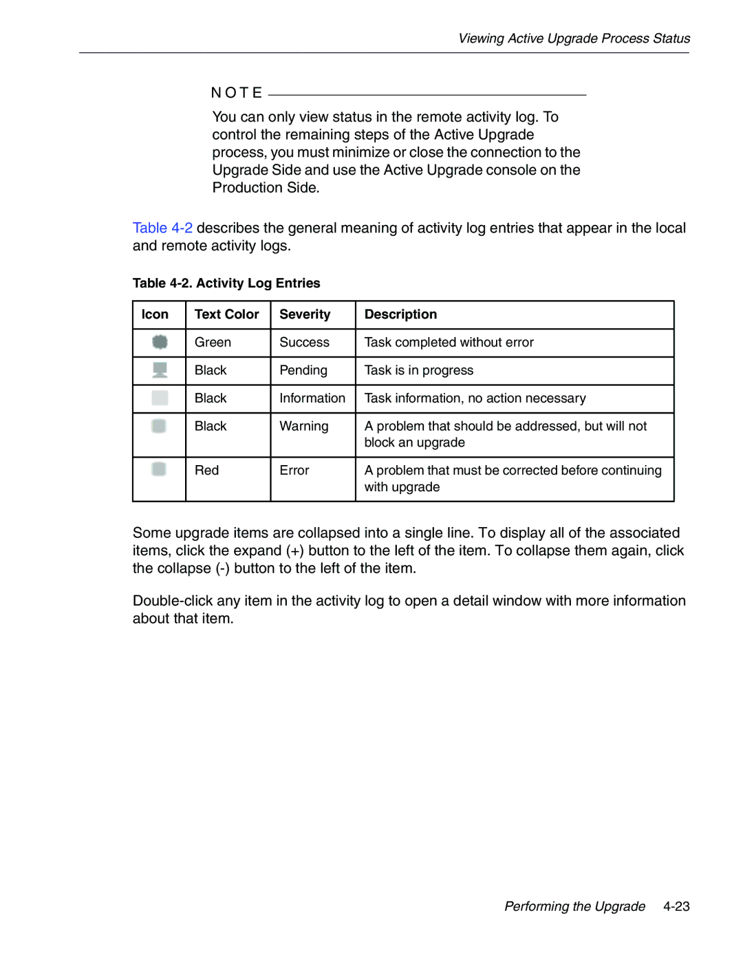 NEC 320Fc manual Activity Log Entries Icon Text Color Severity Description 