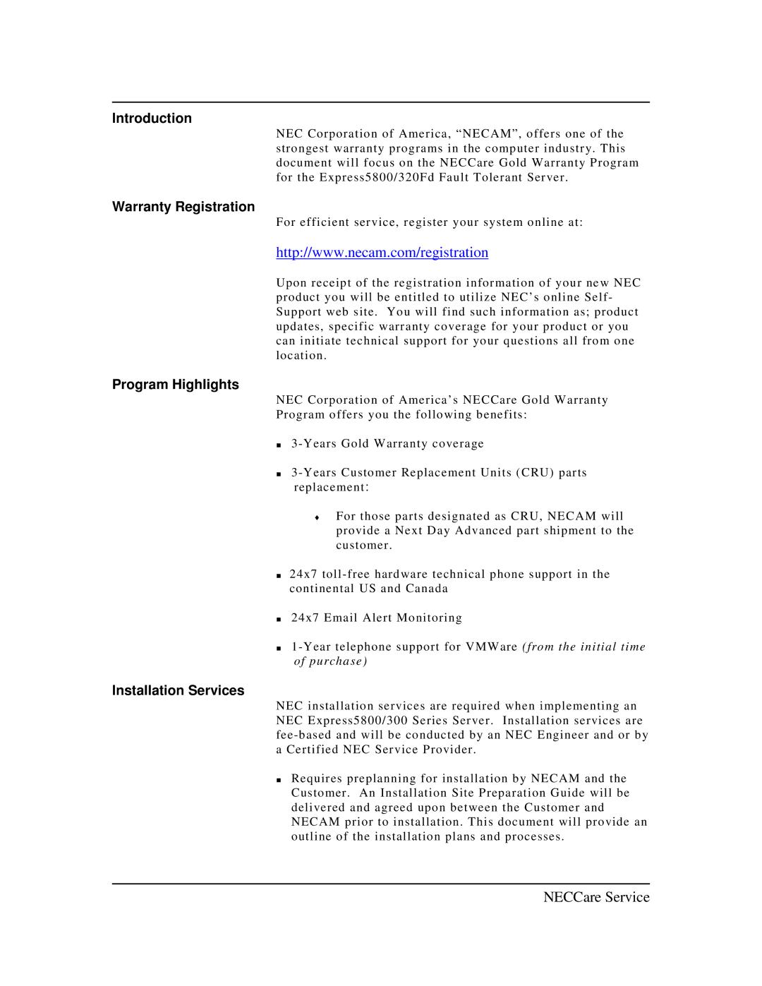 NEC 320Fd warranty Introduction, Warranty Registration, Program Highlights, Installation Services 