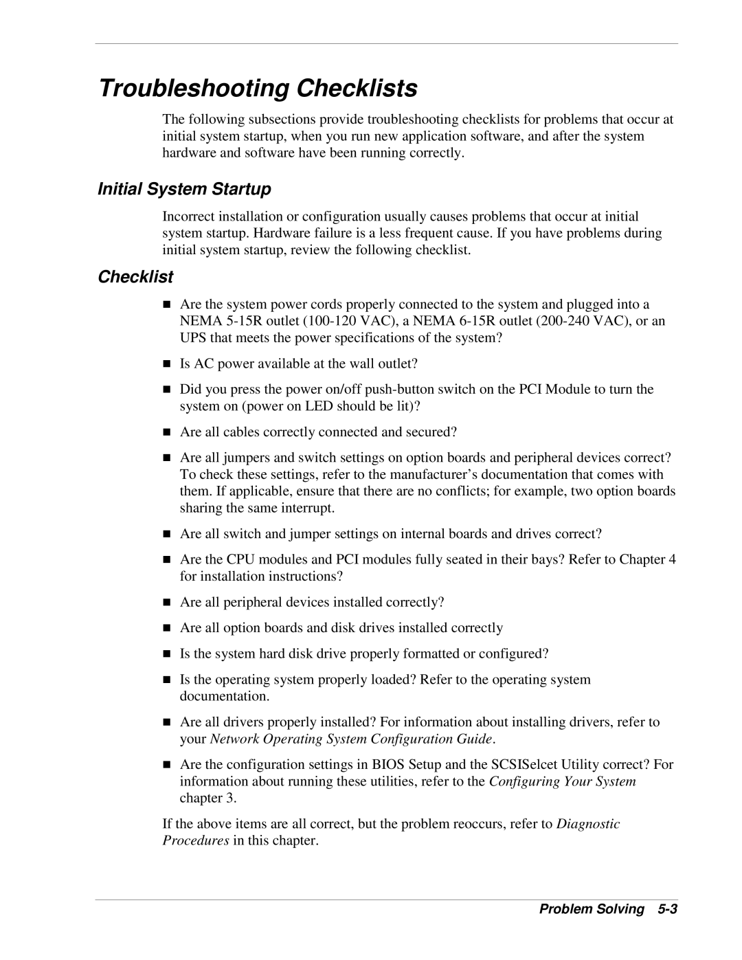 NEC 320Lb-R manual Troubleshooting Checklists, Initial System Startup 