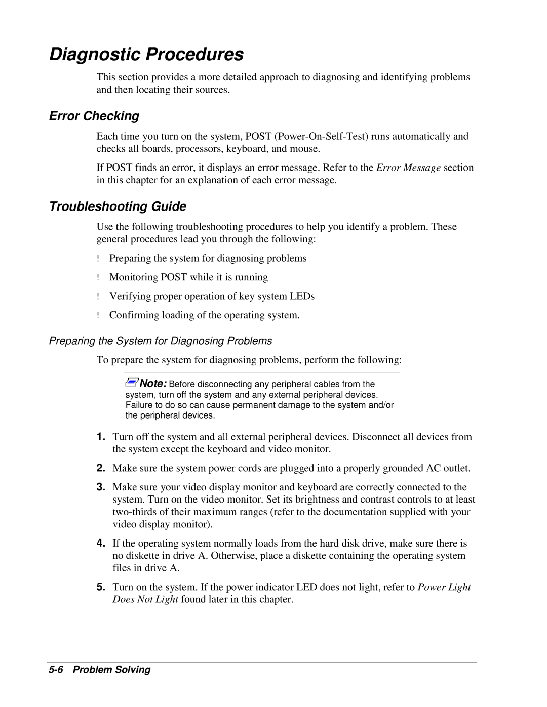 NEC 320Lb-R Diagnostic Procedures, Error Checking, Troubleshooting Guide, Preparing the System for Diagnosing Problems 