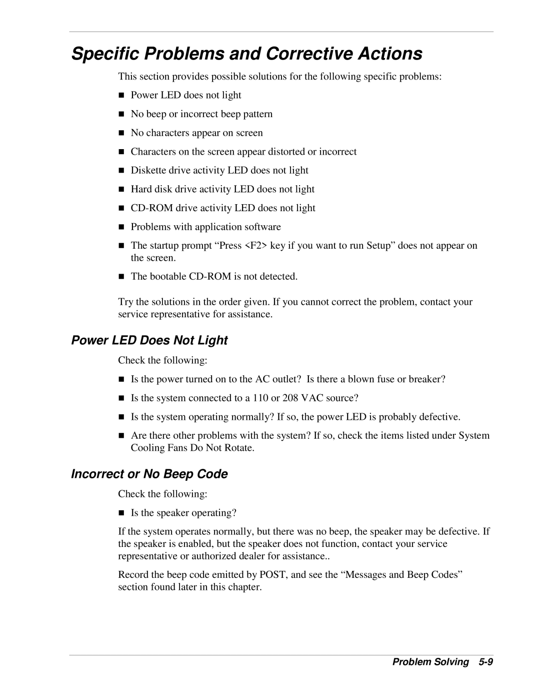 NEC 320Lb-R manual Specific Problems and Corrective Actions, Power LED Does Not Light, Incorrect or No Beep Code 