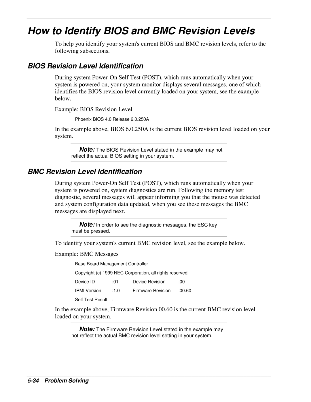 NEC 320Lb-R manual How to Identify Bios and BMC Revision Levels, Bios Revision Level Identification 