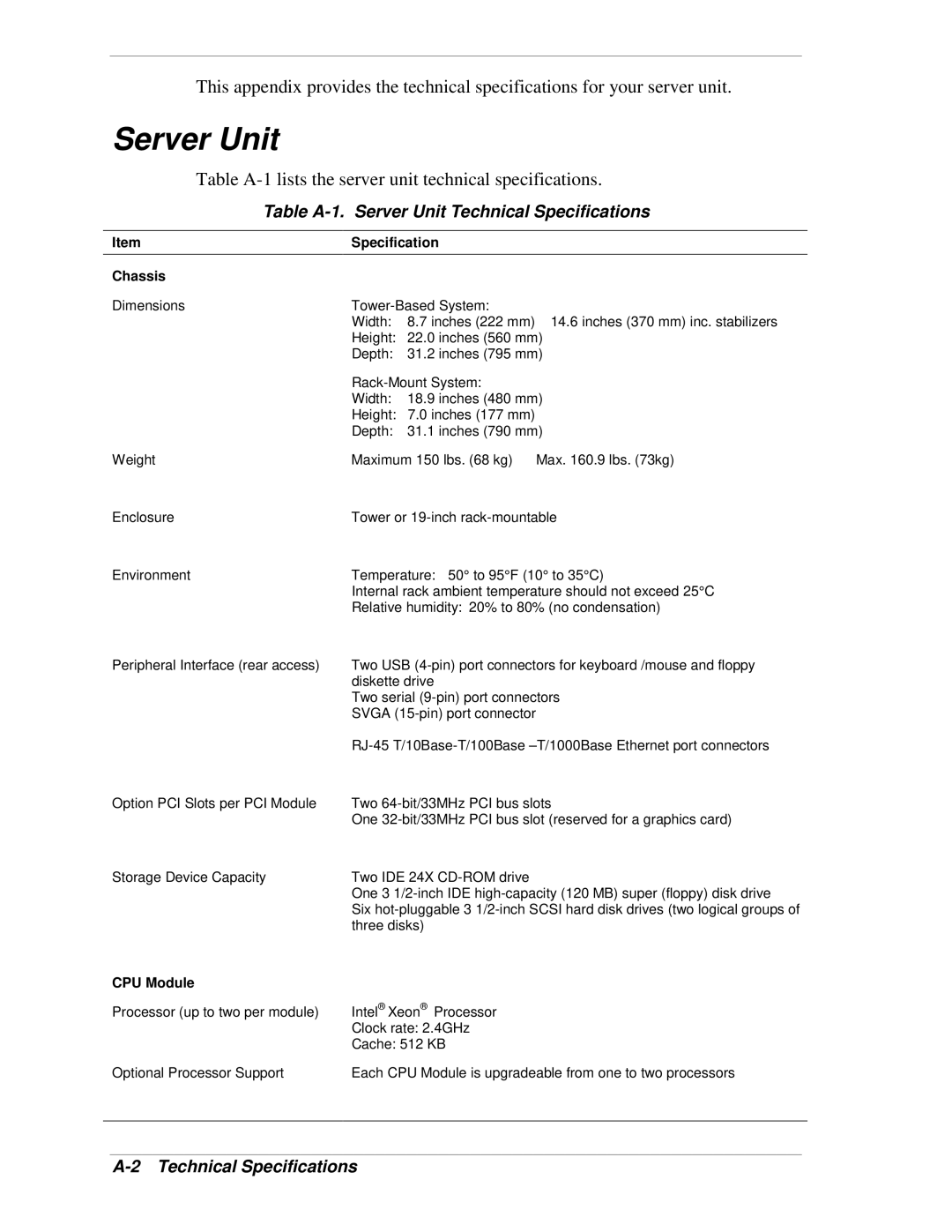 NEC 320Lb-R manual Table A-1. Server Unit Technical Specifications 