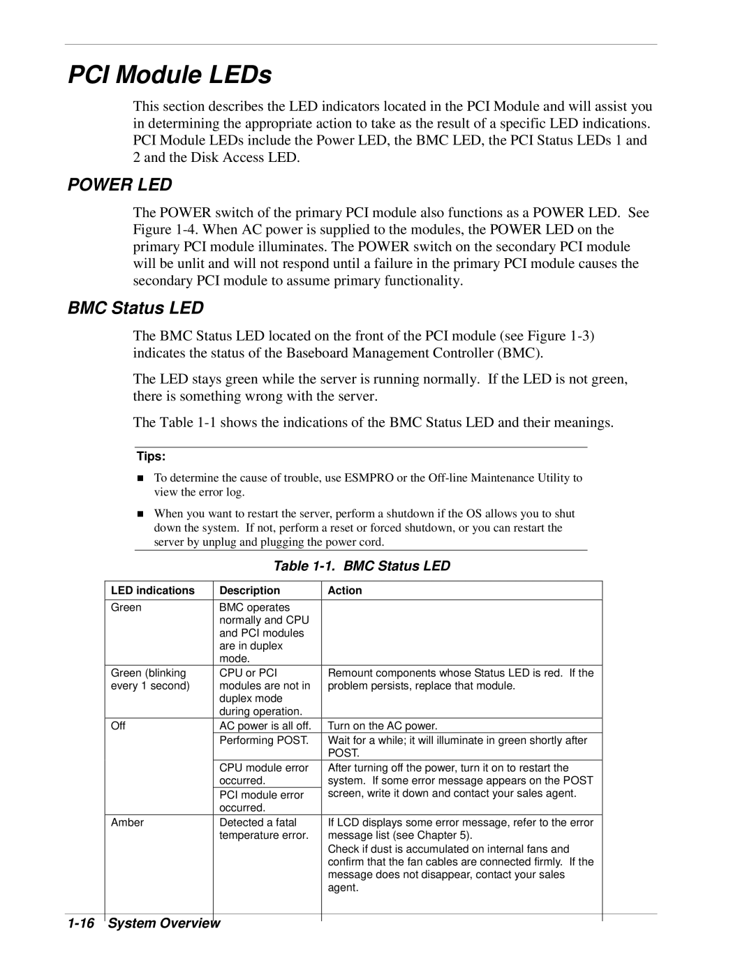 NEC 320Lb-R manual PCI Module LEDs, BMC Status LED, LED indications Description Action 