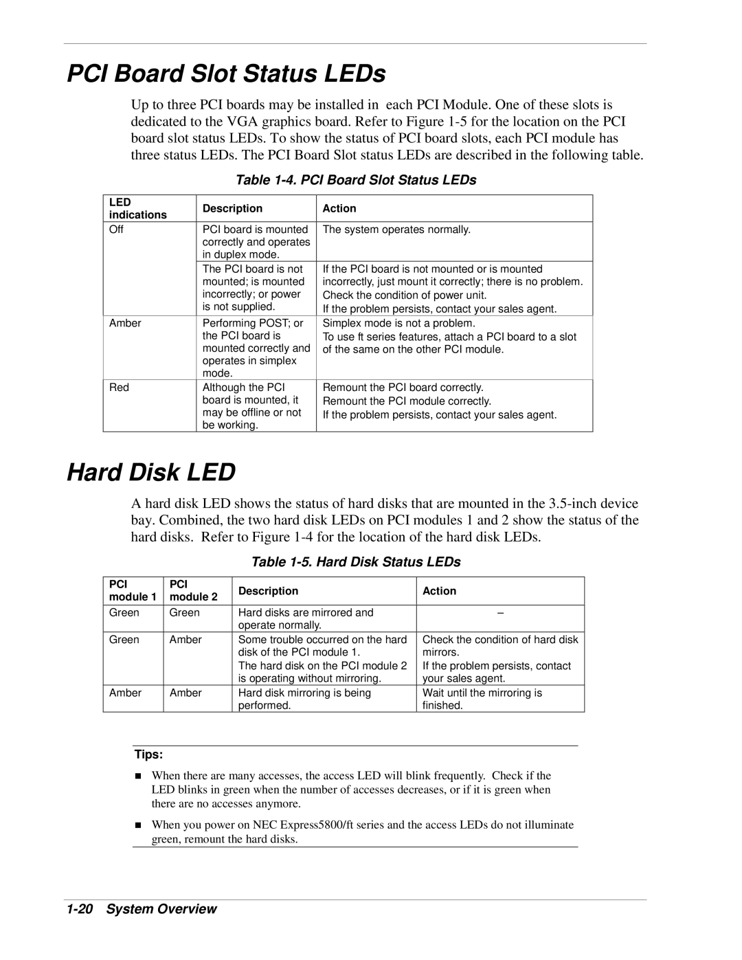 NEC 320Lb-R manual PCI Board Slot Status LEDs, Hard Disk LED, Hard Disk Status LEDs 