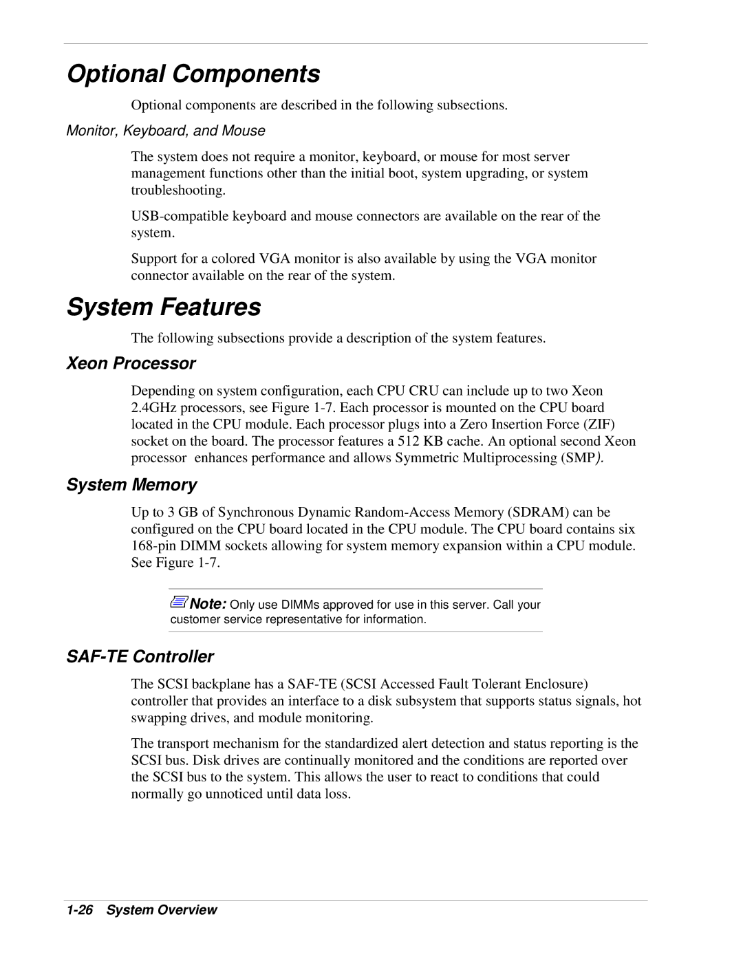 NEC 320Lb-R manual Optional Components, System Features, Xeon Processor, System Memory, SAF-TE Controller 