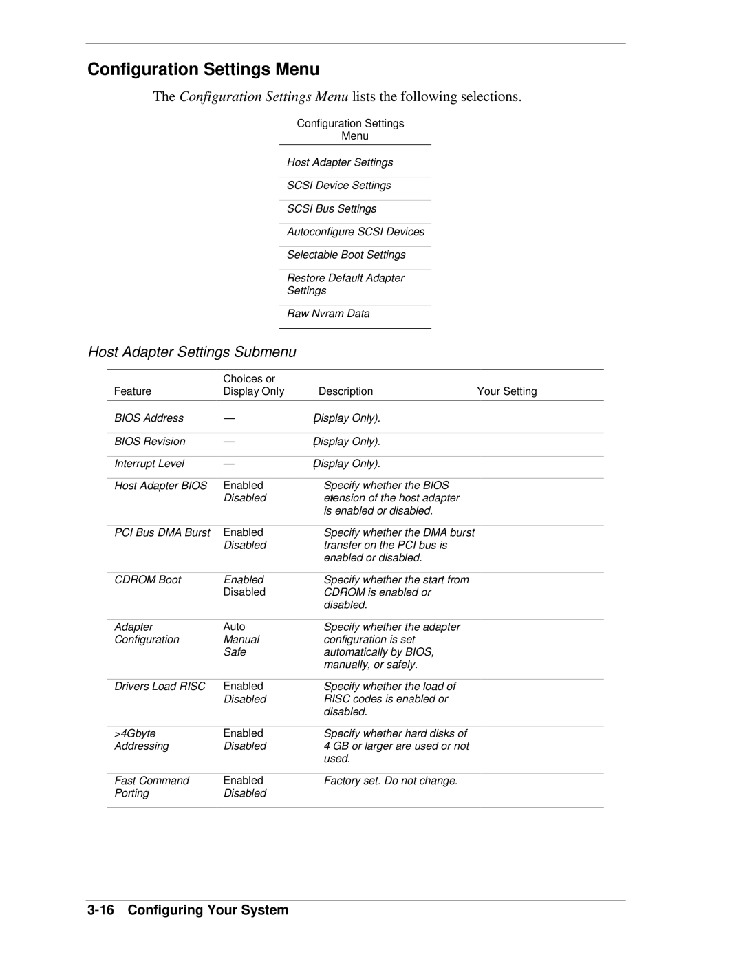 NEC 320Lb-R manual Configuration Settings Menu, Host Adapter Settings Submenu 