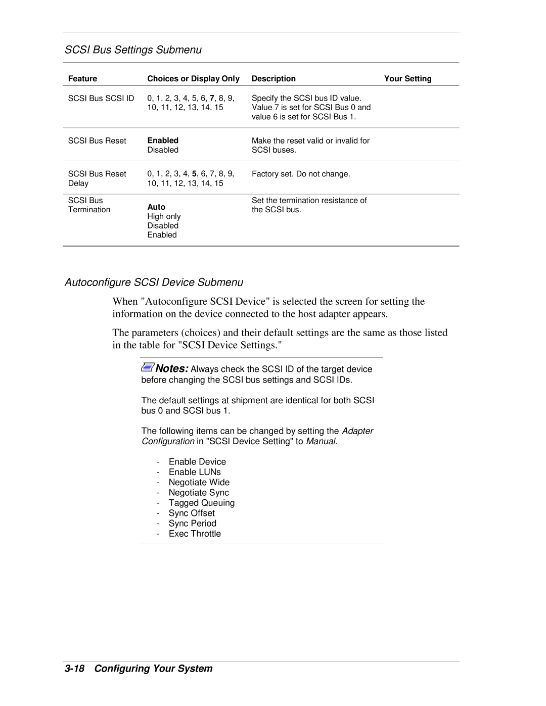 NEC 320Lb-R manual Scsi Bus Settings Submenu, Autoconfigure Scsi Device Submenu 
