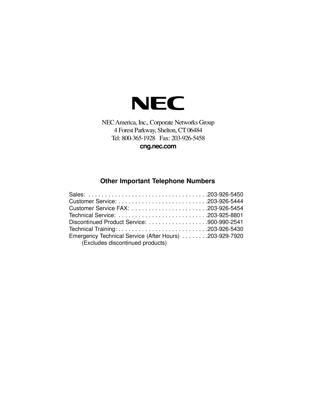 NEC 77000WEB02, 4 manual Cng.nec.com Other Important Telephone Numbers 