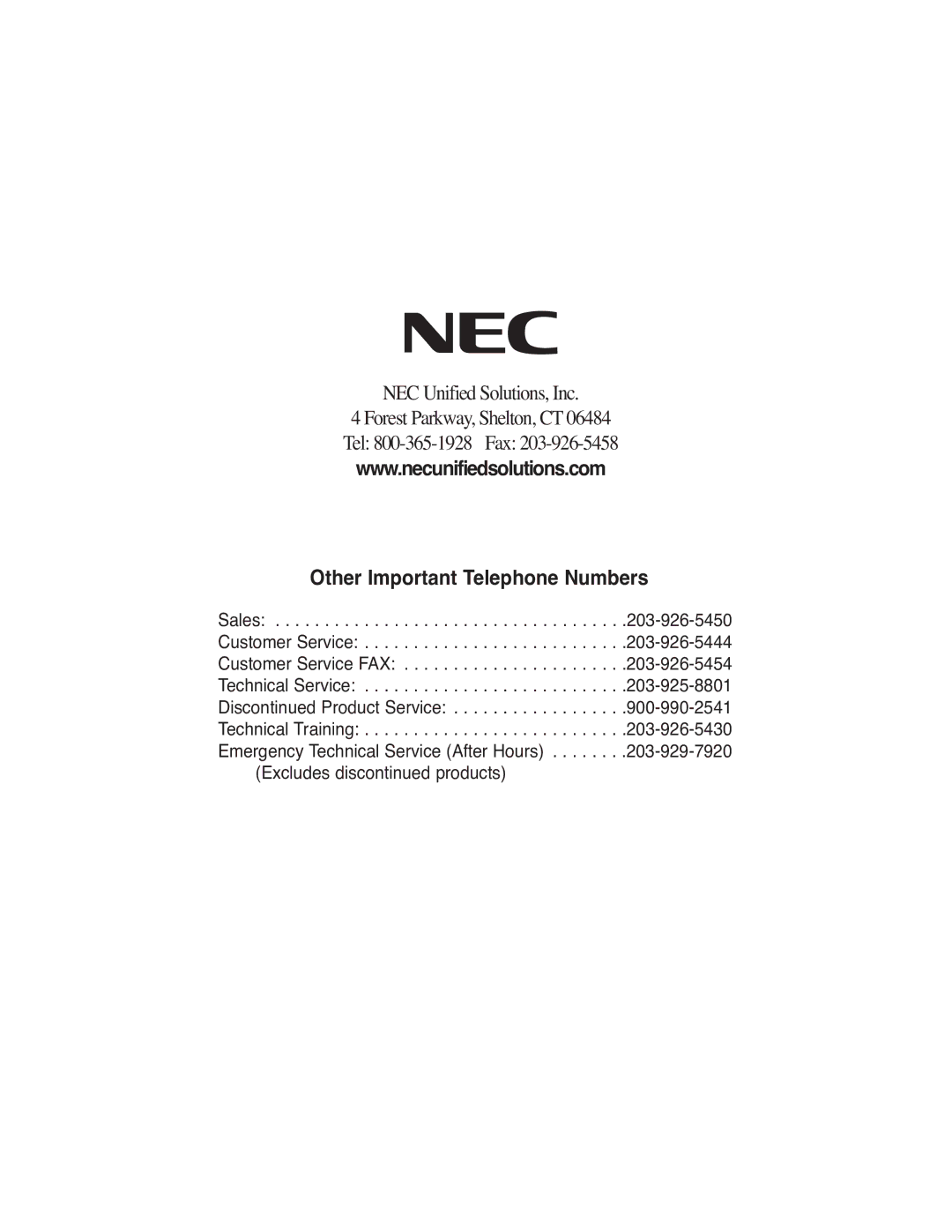 NEC 4-Button IP Keyset manual Other Important Telephone Numbers 