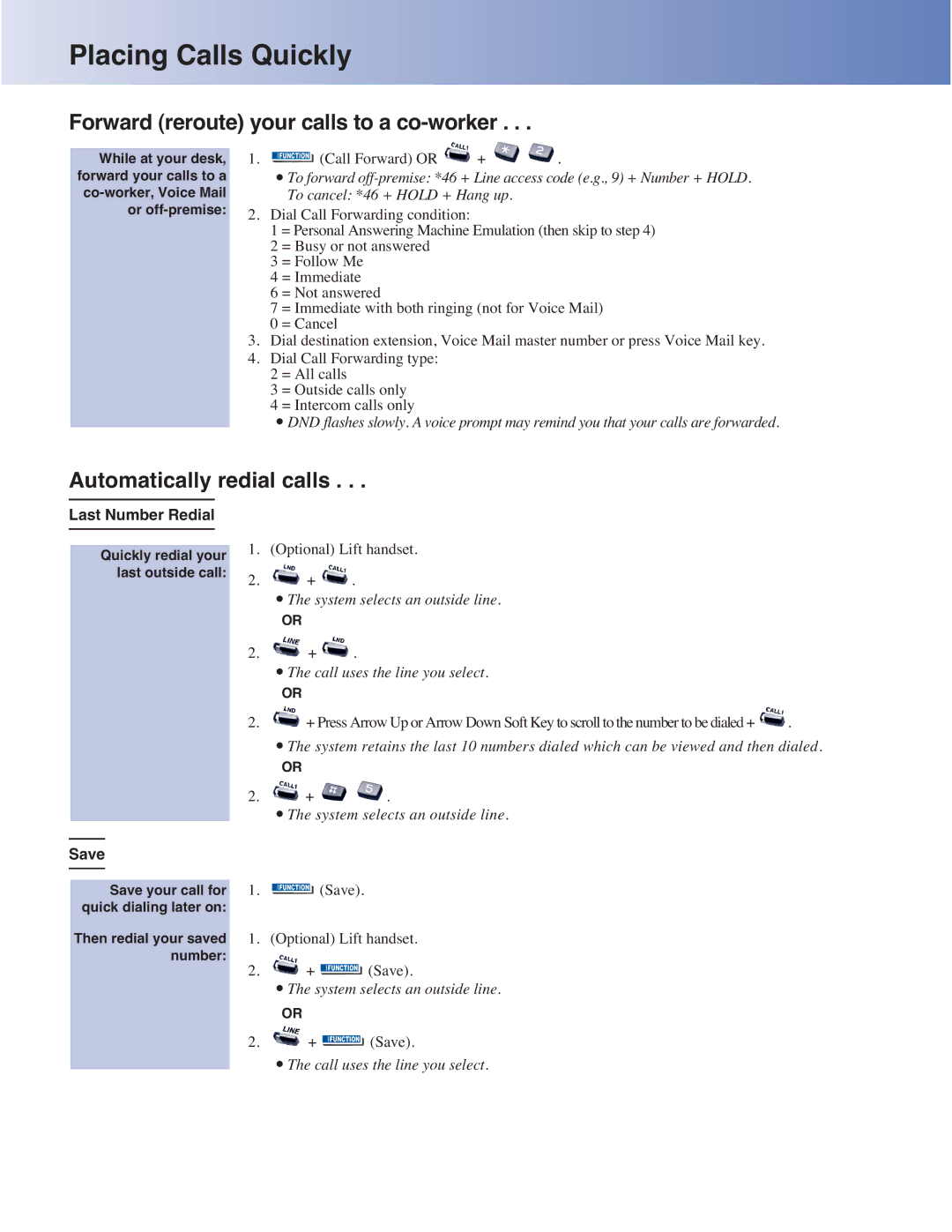 NEC 4-Button IP Keyset Placing Calls Quickly, Forward reroute your calls to a co-worker, Automatically redial calls, Save 