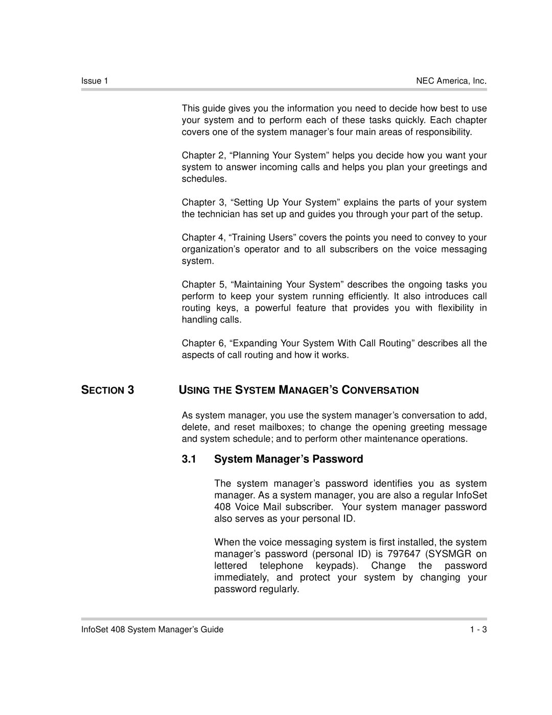 NEC 408 VM manual System Manager’s Password, Section Using the System MANAGER’S Conversation 