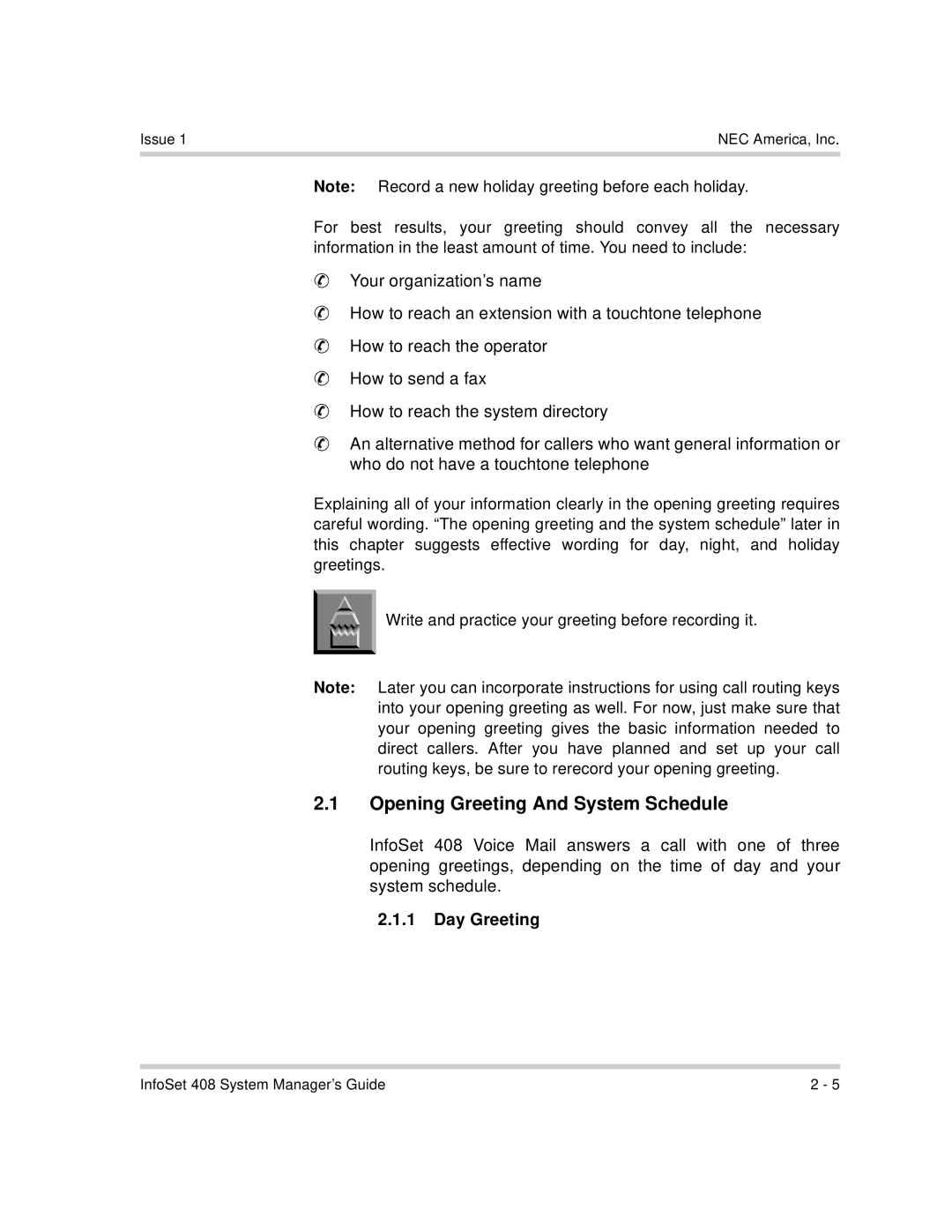 NEC 408 VM manual Opening Greeting And System Schedule, Day Greeting 