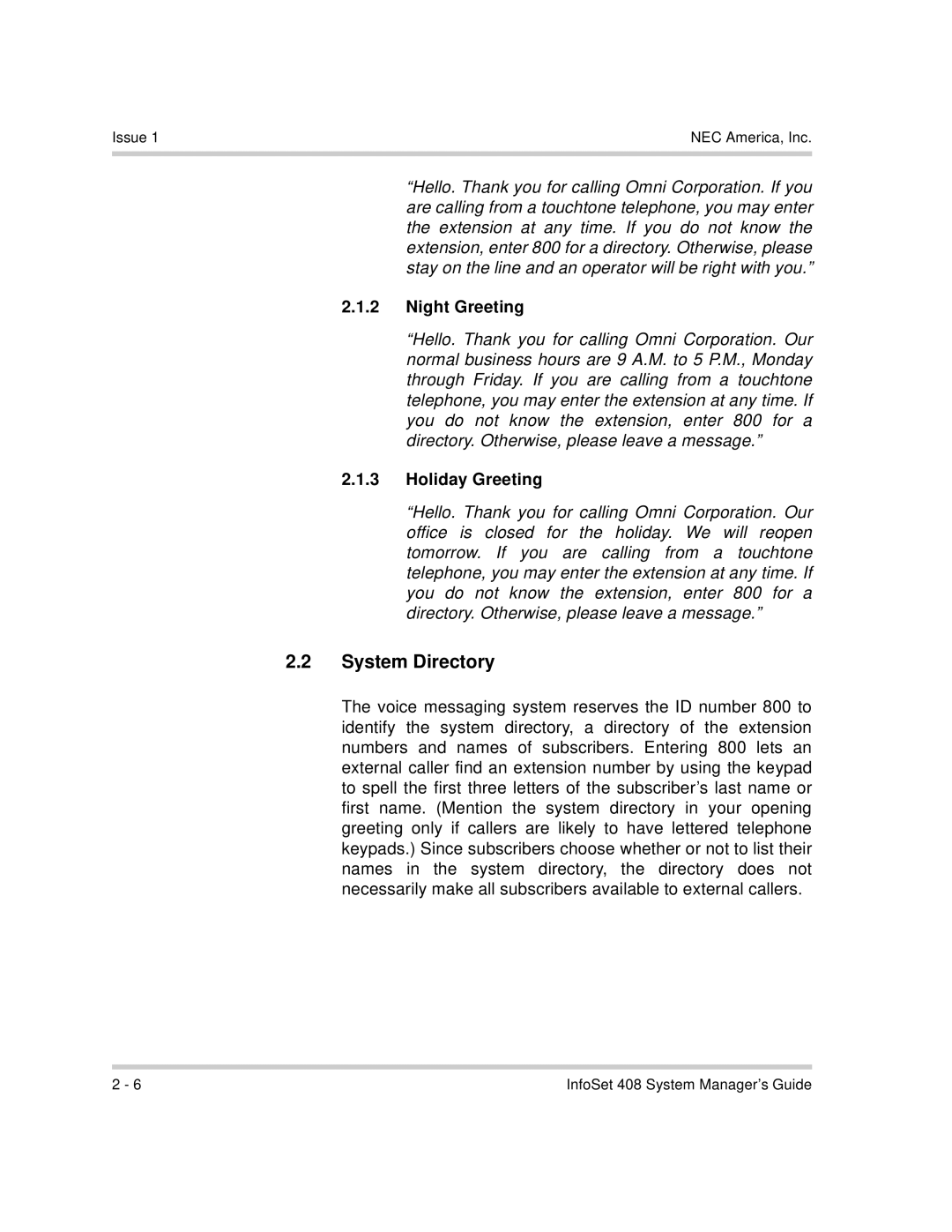 NEC 408 VM manual System Directory, Night Greeting, Holiday Greeting 