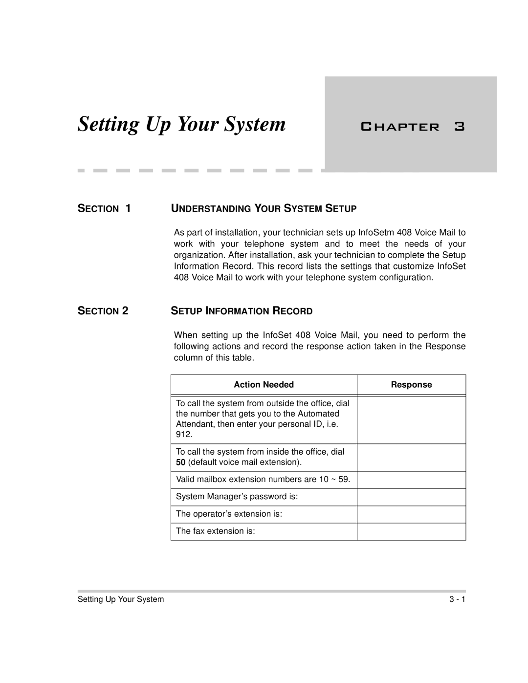 NEC 408 VM manual Understanding Your System Setup, Section Setup Information Record 