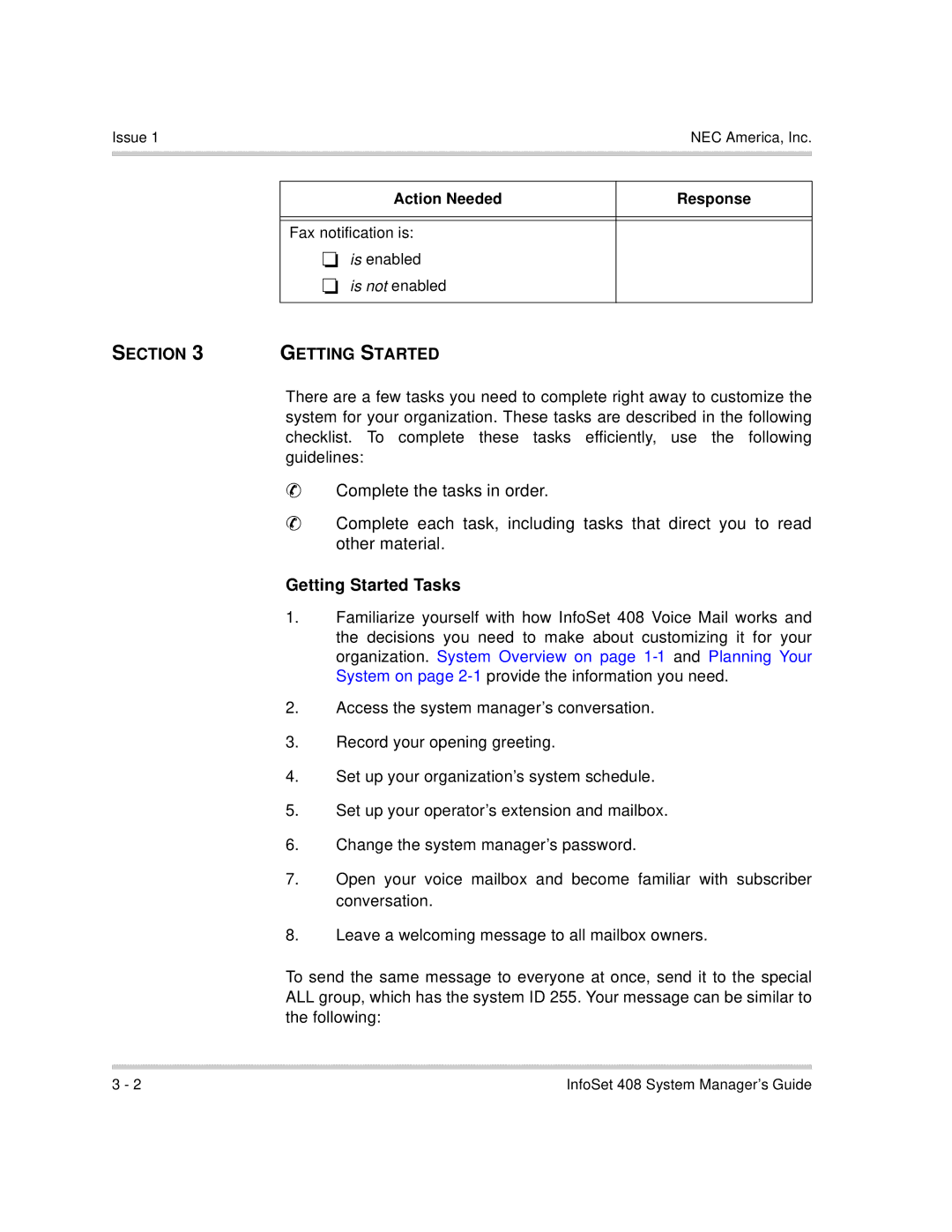 NEC 408 VM manual Section Getting Started, Getting Started Tasks 