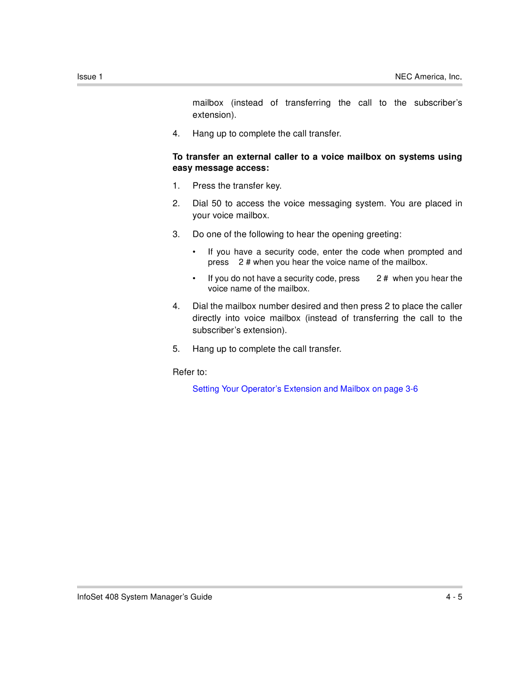 NEC 408 VM manual Setting Your Operator’s Extension and Mailbox on 