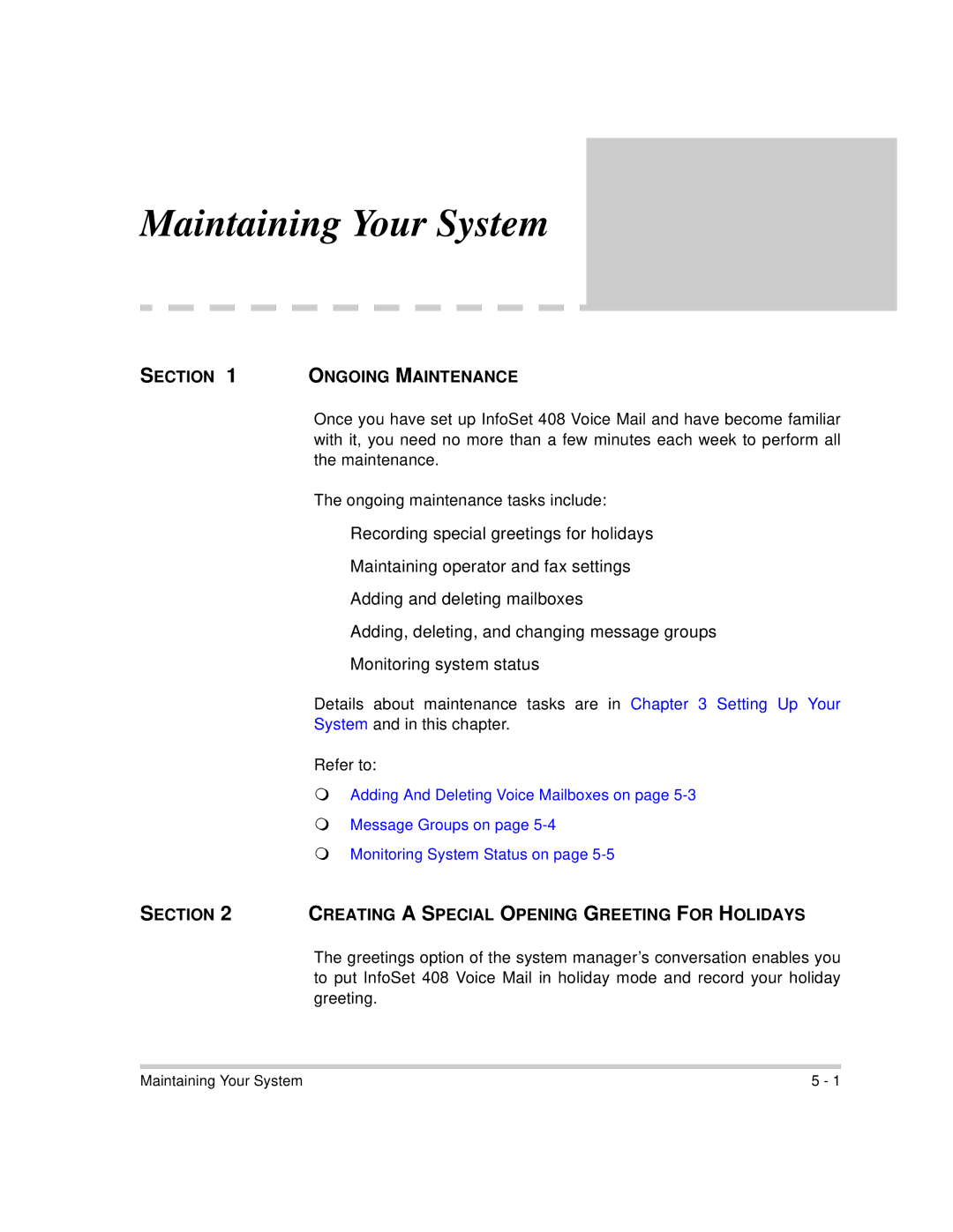 NEC 408 VM manual Ongoing Maintenance, Section Creating a Special Opening Greeting for Holidays 