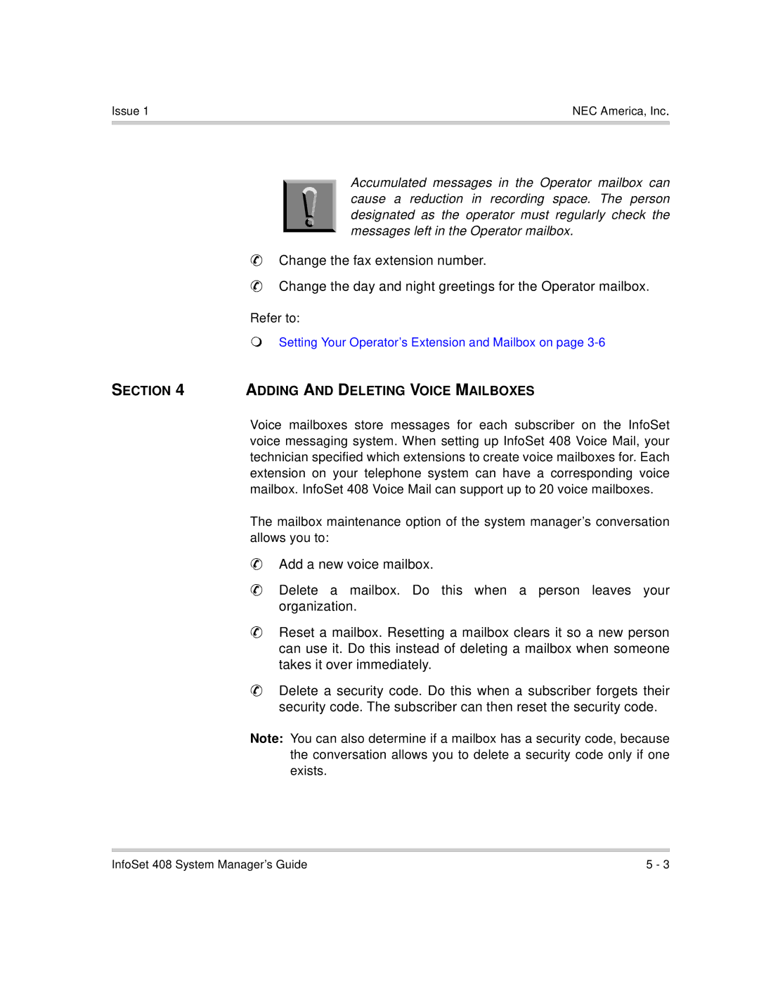 NEC 408 VM manual Section Adding and Deleting Voice Mailboxes 