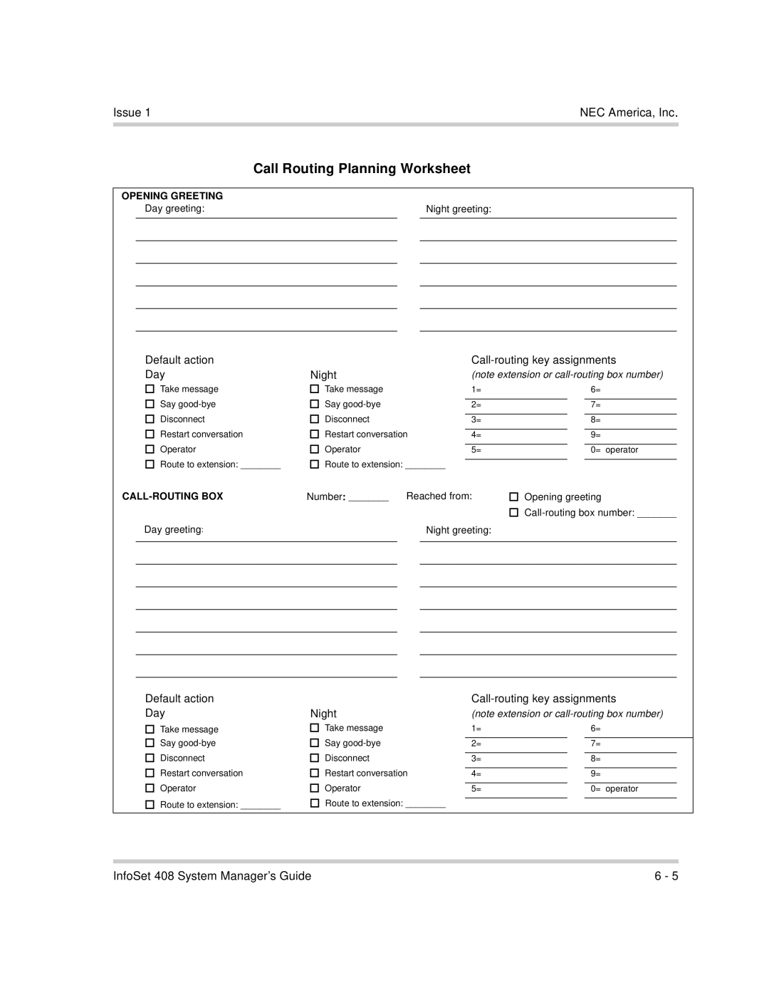 NEC 408 VM manual Call Routing Planning Worksheet, Default action Call-routing key assignments Day Night 