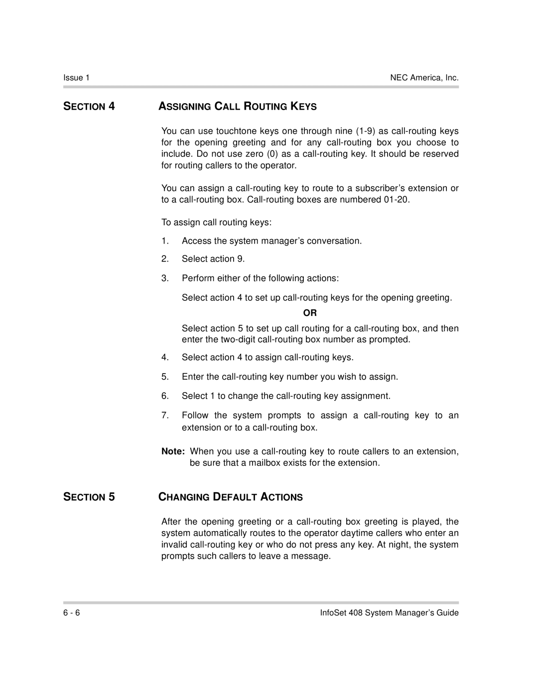 NEC 408 VM manual Section Assigning Call Routing Keys, Section Changing Default Actions 