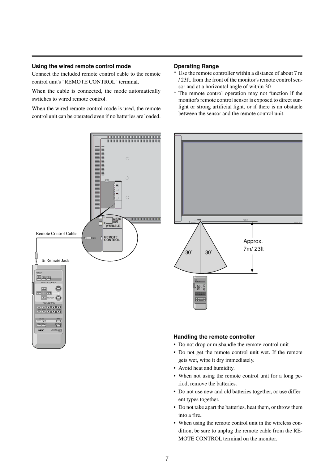 NEC 4210W Using the wired remote control mode, Operating Range, Approx, 7m/ 23ft, Handling the remote controller 