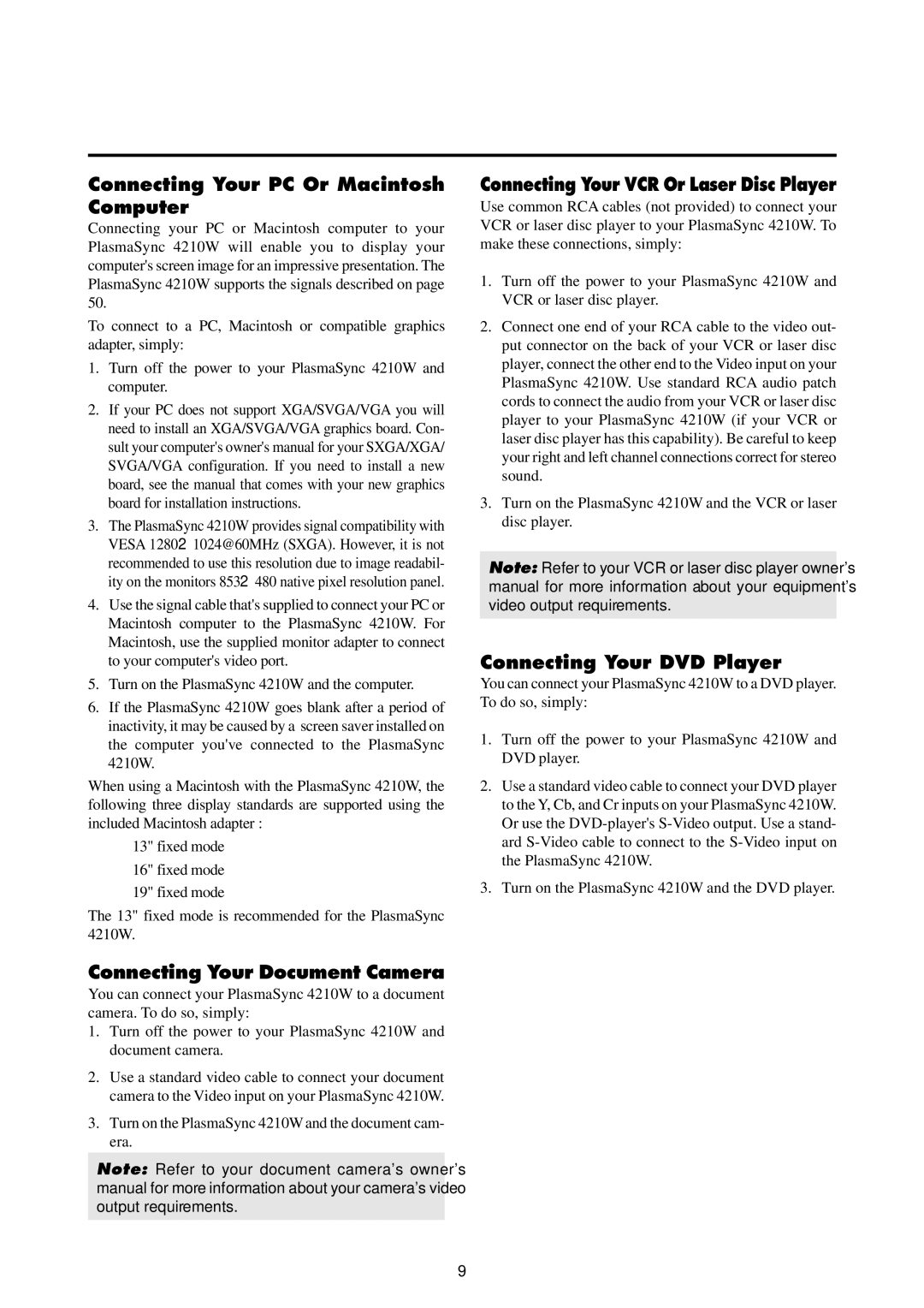 NEC 4210W user manual Connecting Your PC Or Macintosh Computer, Connecting Your Document Camera, Connecting Your DVD Player 