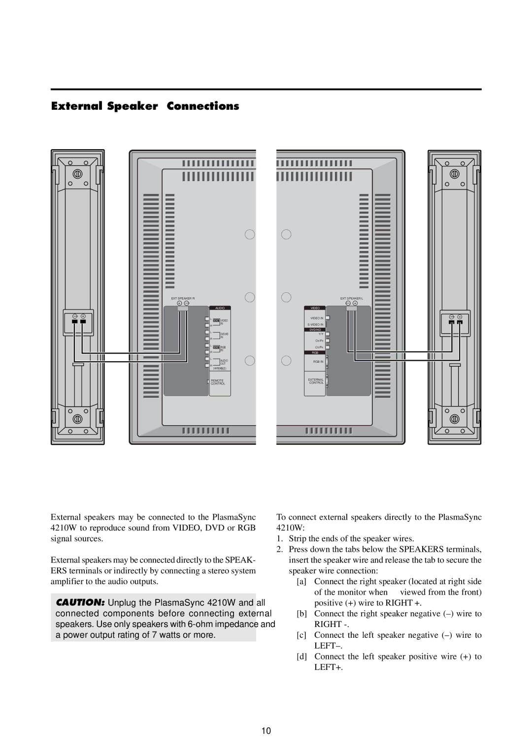 NEC 4210W user manual External Speaker Connections 