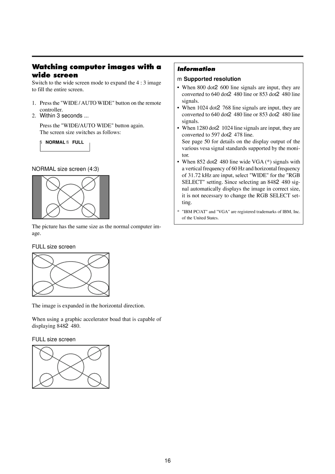 NEC 4210W user manual Watching computer images with a wide screen, Supported resolution 