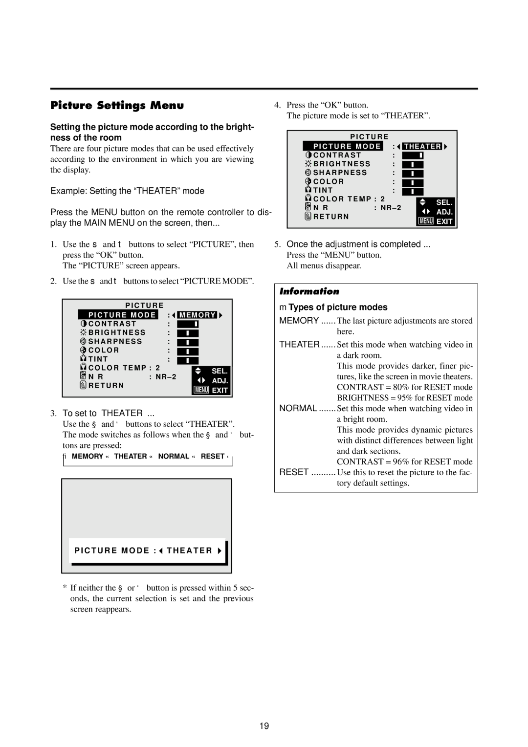 NEC 4210W Picture Settings Menu, Example Setting the Theater mode, To set to Theater, Once the adjustment is completed 