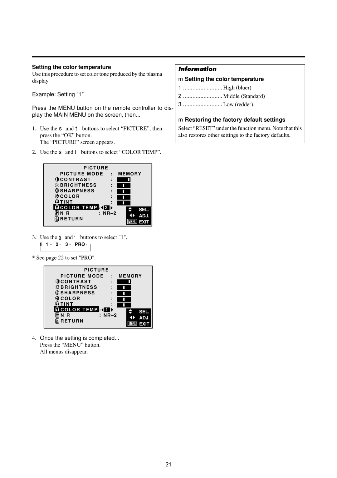 NEC 4210W user manual Setting the color temperature, Example Setting, Once the setting is completed 