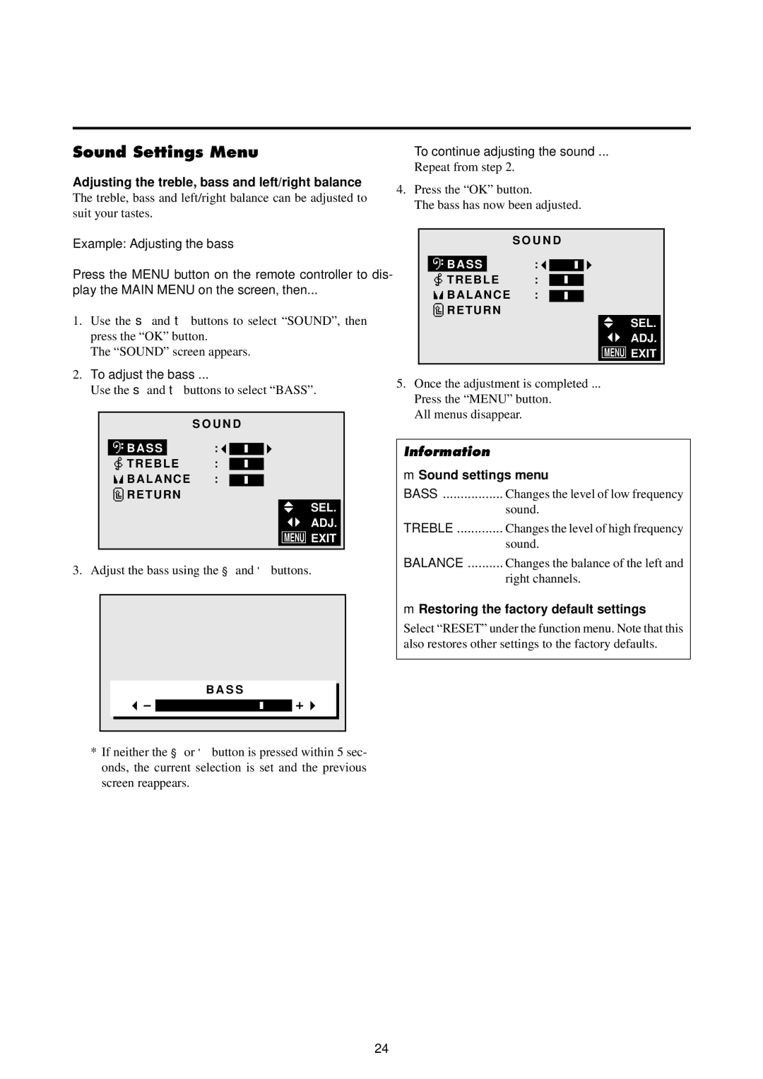 NEC 4210W user manual Sound Settings Menu, Adjusting the treble, bass and left/right balance, Example Adjusting the bass 