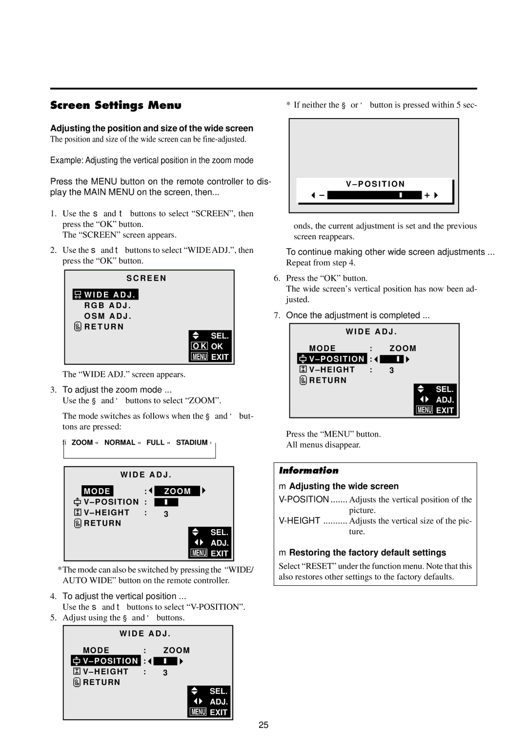 NEC 4210W user manual Screen Settings Menu, Adjusting the position and size of the wide screen, Adjusting the wide screen 