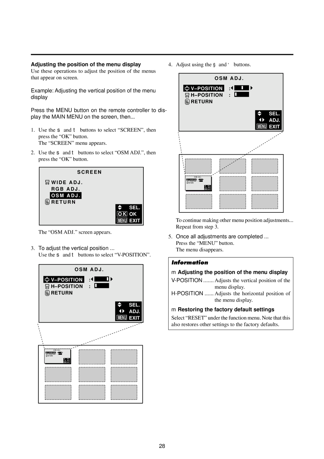 NEC 4210W Adjusting the position of the menu display, Example Adjusting the vertical position of the menu display 