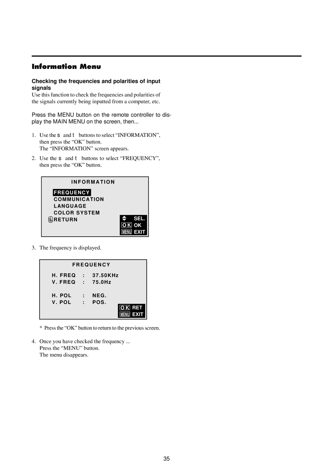 NEC 4210W user manual Information Menu, Checking the frequencies and polarities of input signals 