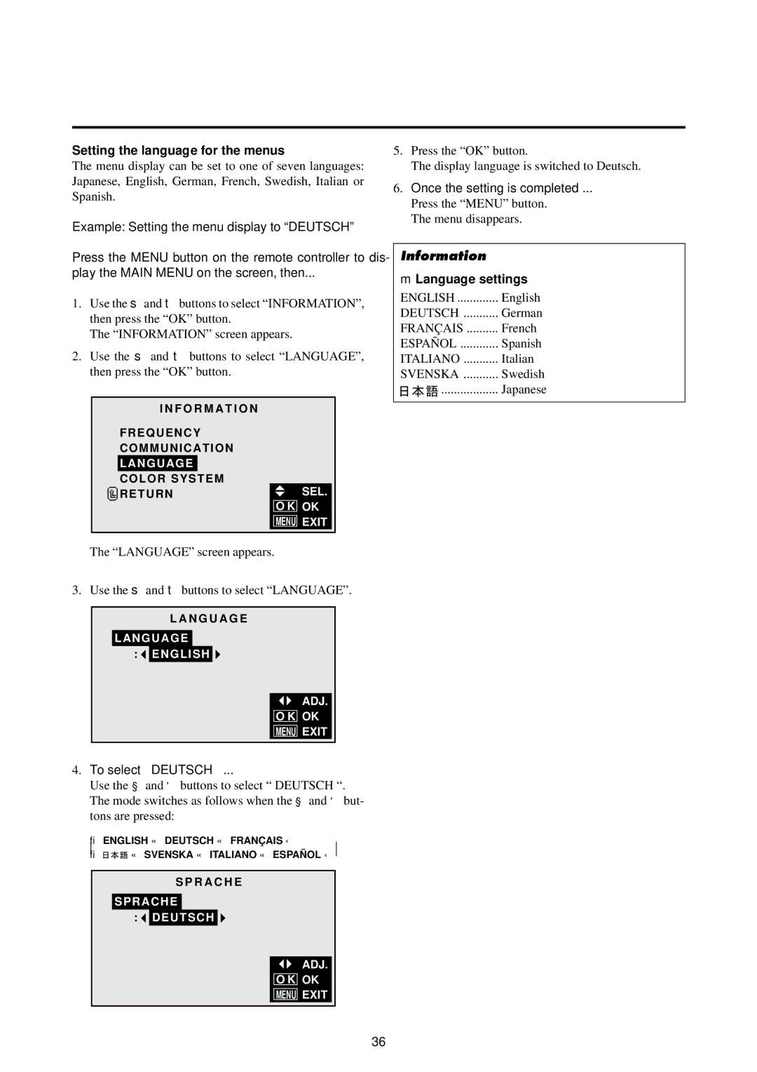 NEC 4210W user manual Setting the language for the menus, Example Setting the menu display to Deutsch, To select Deutsch 