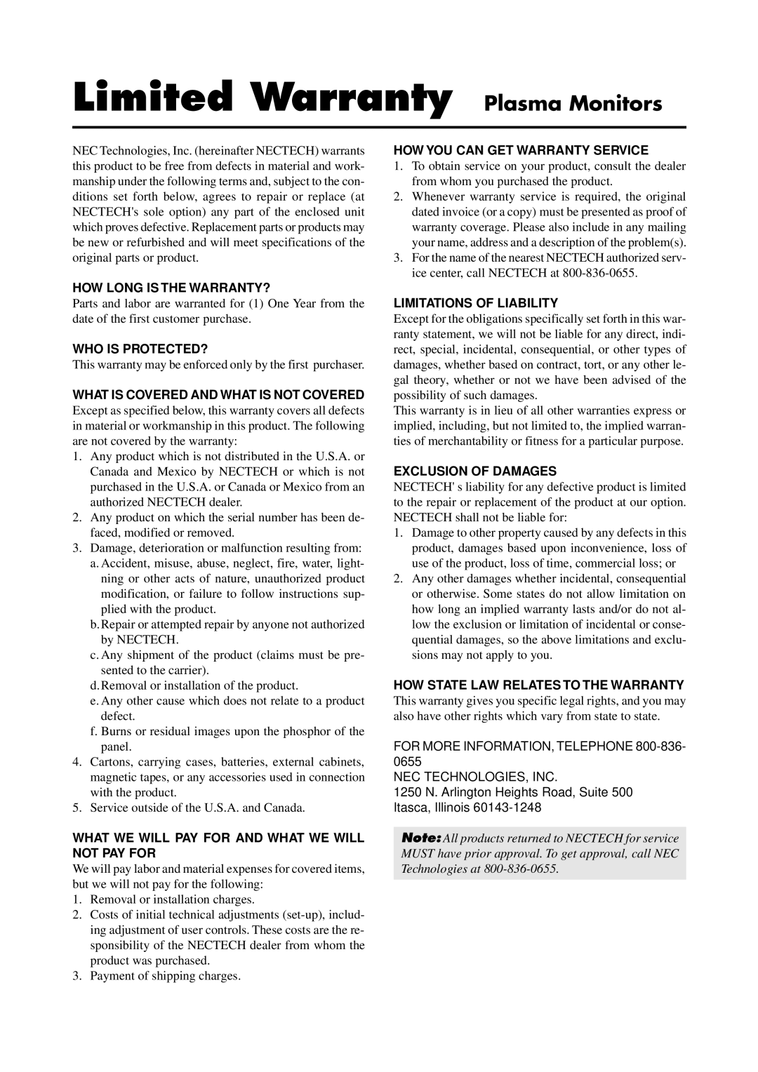 NEC 4210W user manual Limited Warranty Plasma Monitors, 1250 N. Arlington Heights Road, Suite 500 Itasca, Illinois 