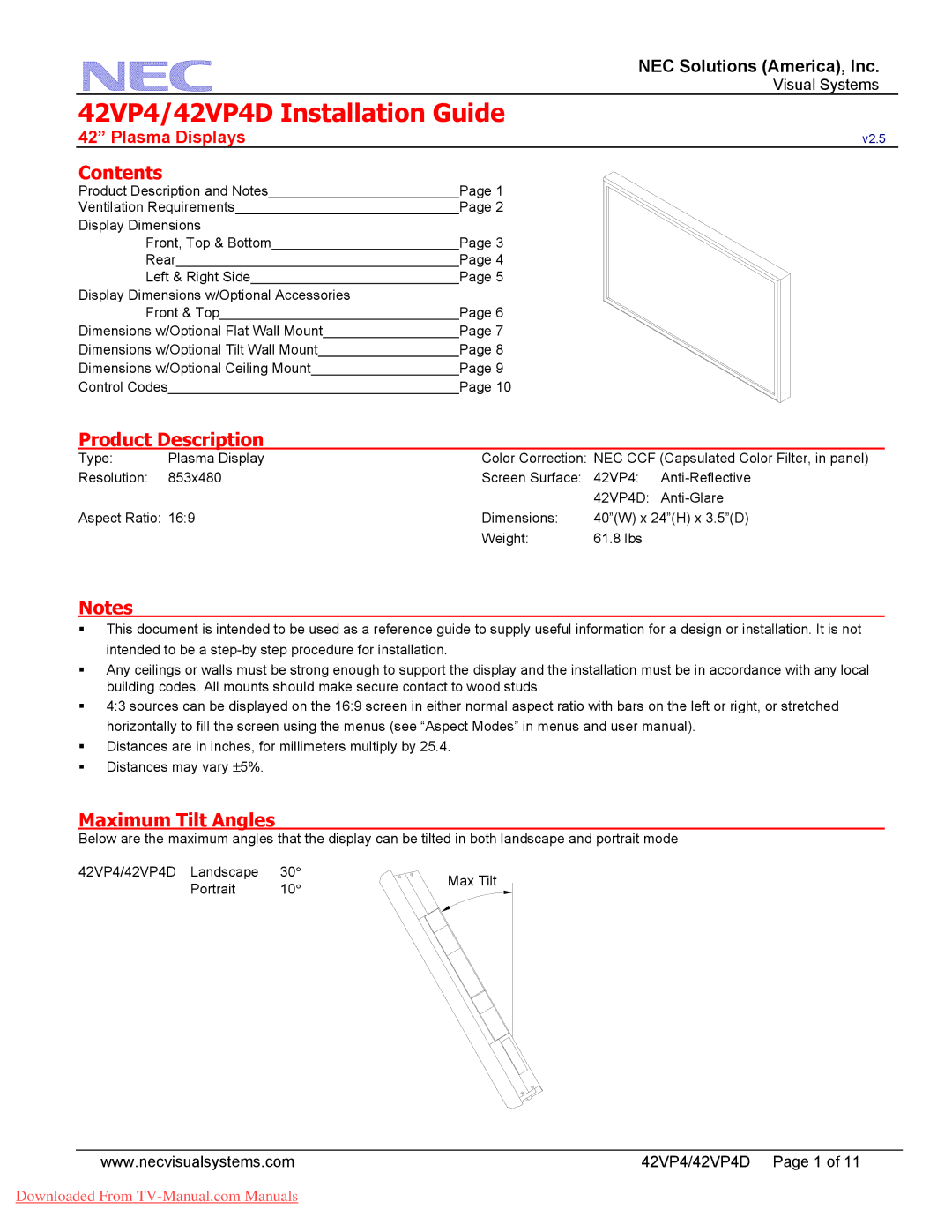 NEC 42VP4D dimensions Contents, Product Description, Maximum Tilt Angles 