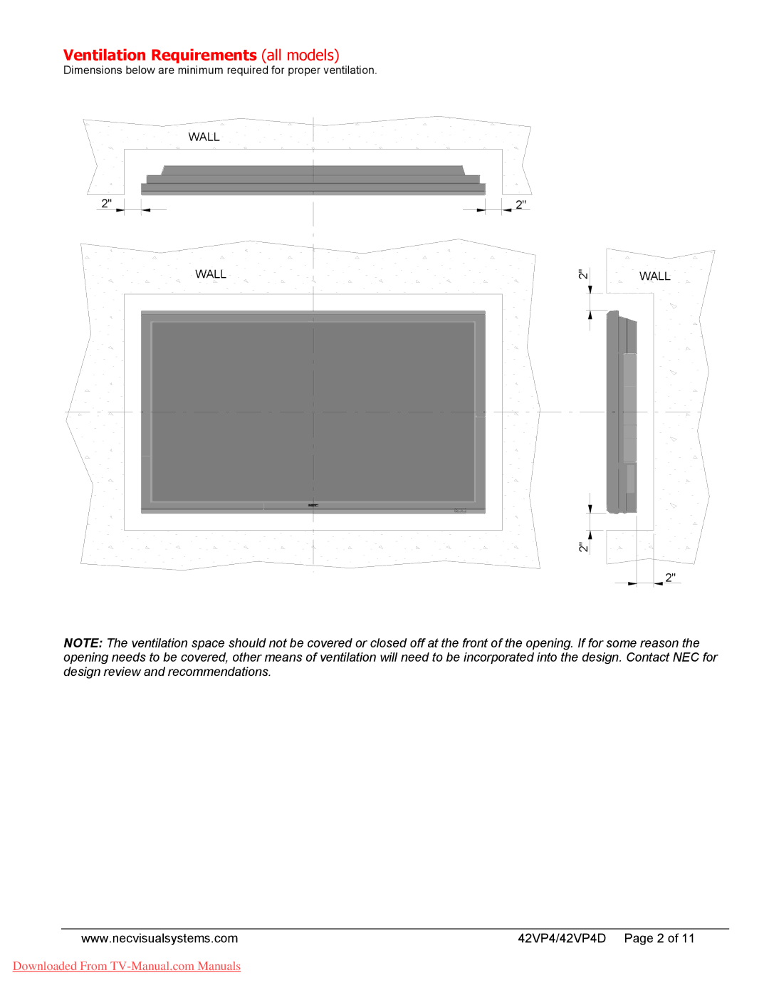 NEC 42VP4D dimensions Ventilation Requirements all models 