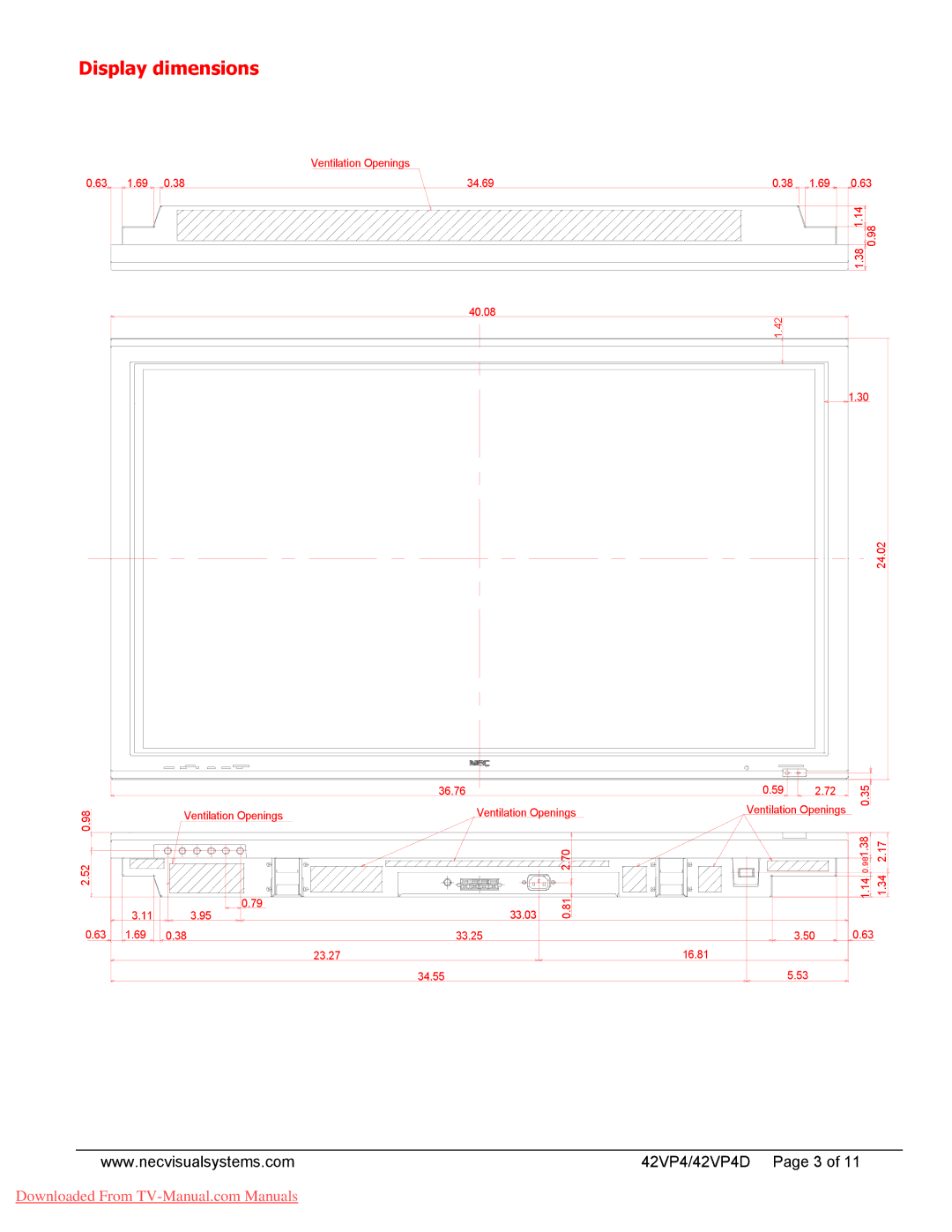 NEC 42VP4D Display dimensions 