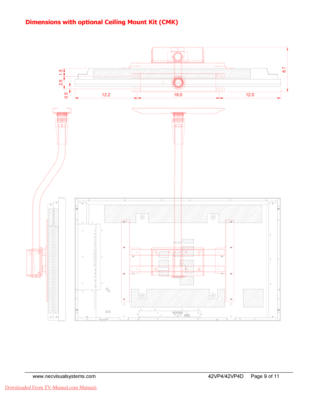 NEC 42VP4D dimensions Dimensions with optional Ceiling Mount Kit CMK 